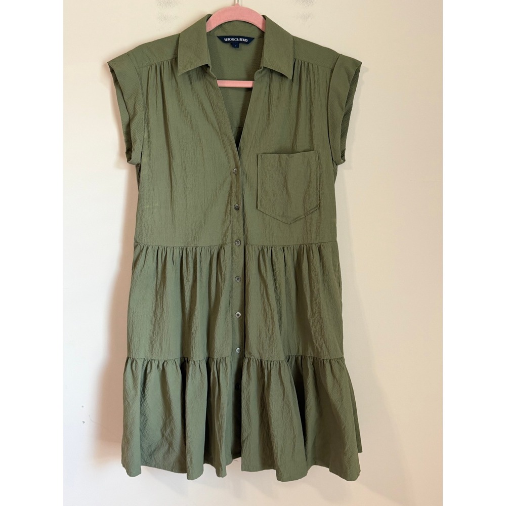 Veronica Beard Shirt Dress Womens S Green Tiered Sleeveless Textured Mini